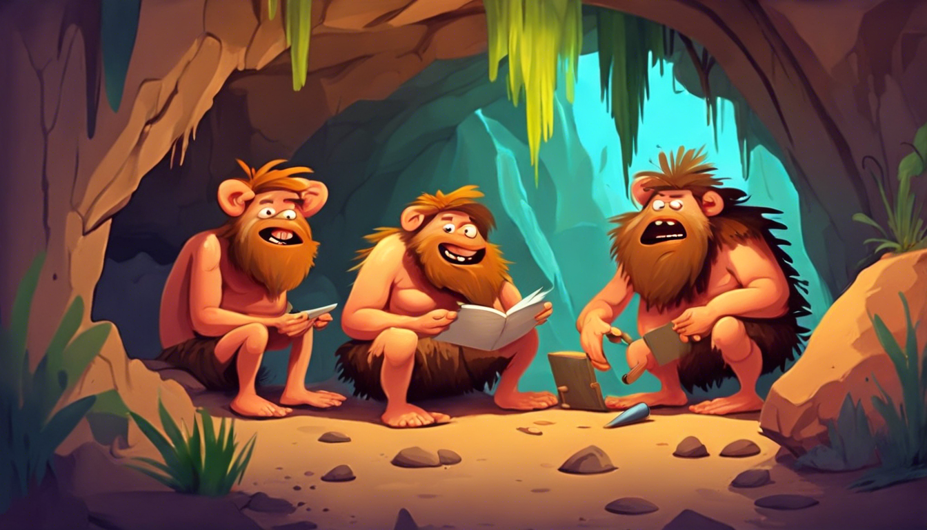 Three cave men drawing pictures in a cave.