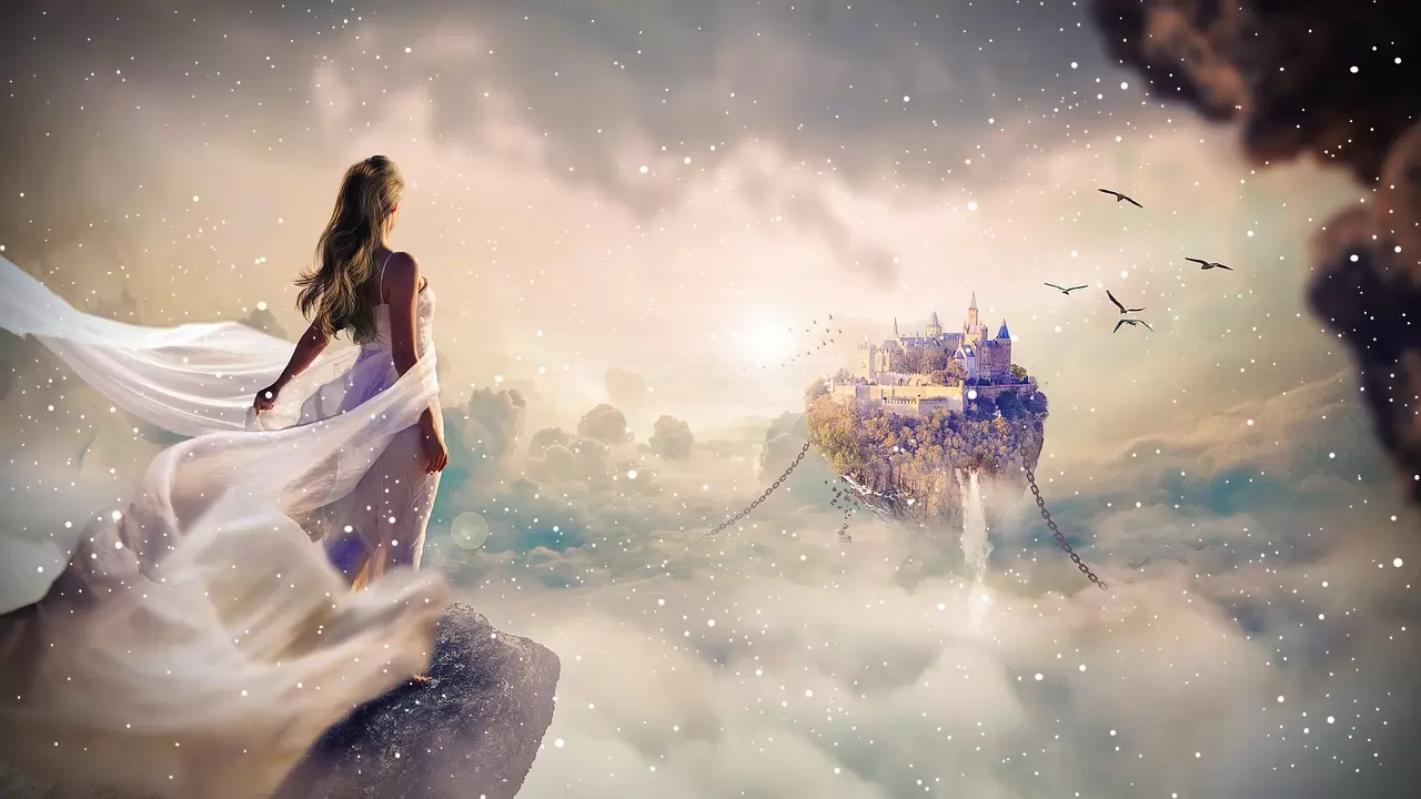 Princess with flowing dress looking at a floating island.
