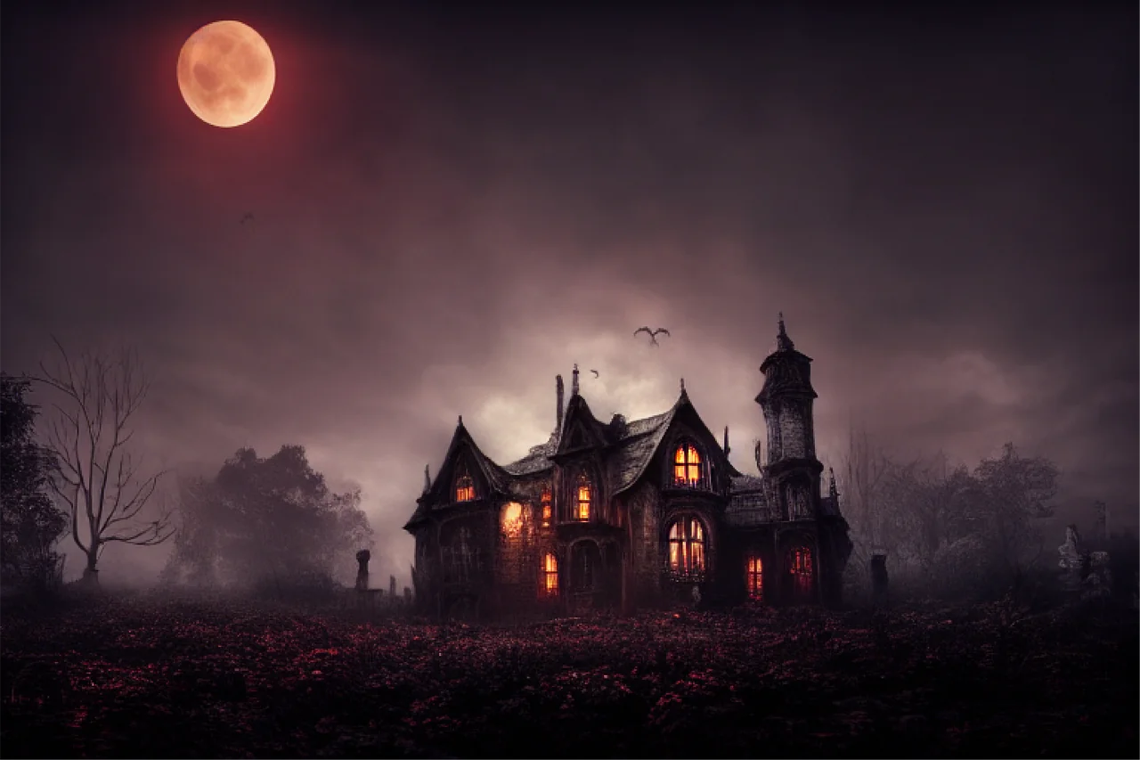 Haunted house in woods with blood red full moon.
